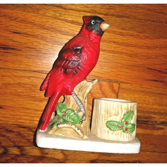 Red Cardinal Toothpick/candle holder Taiwan Bisque Porcelain Christmas Jasco 5" - Picture 1 of 5